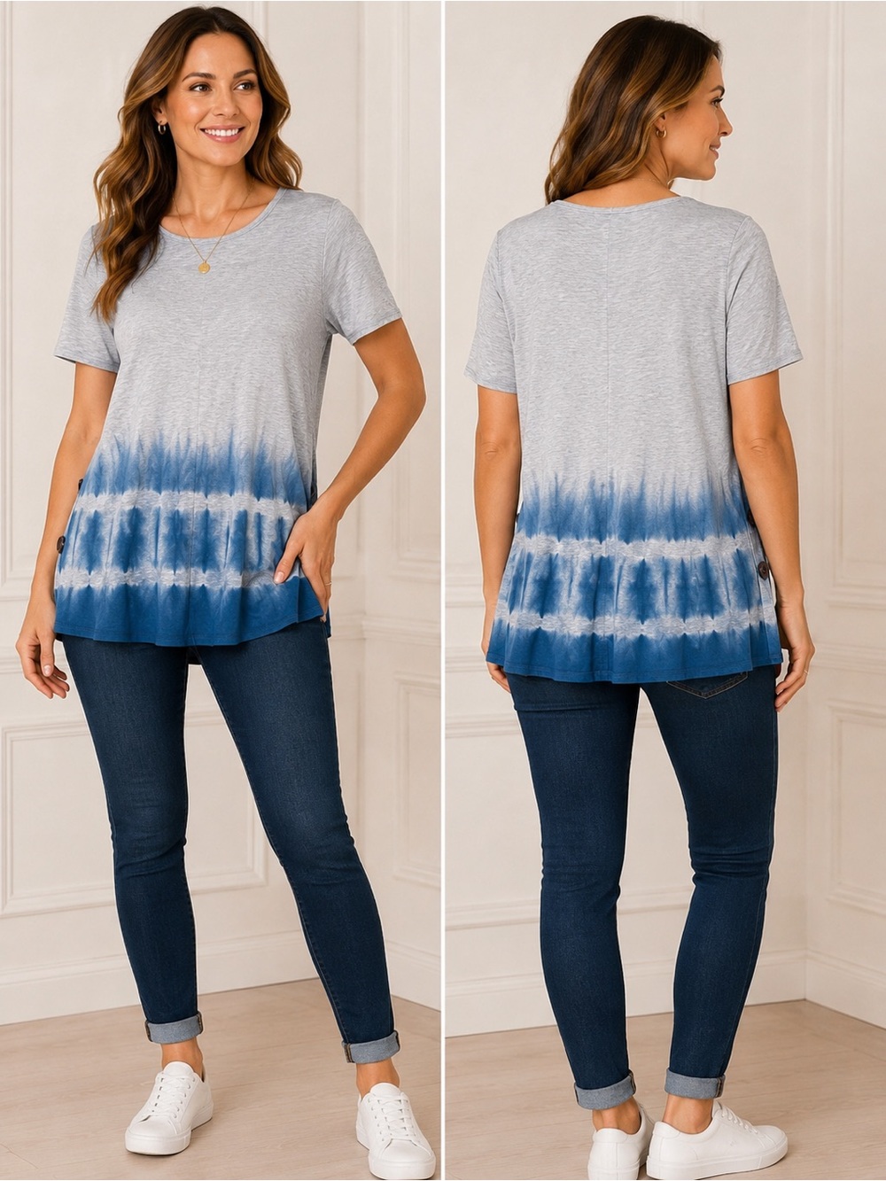 NWOT Scoop Neck Tie-Dye Hem Tunic in Light Gray and Blue